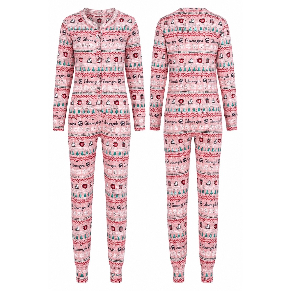 Gilmore Girls Pajama Union Suit Womens Small Pink Waffle Knit Fair Isle Jumpsuit